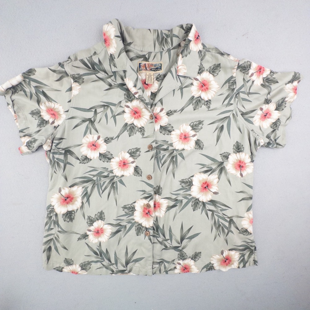 Vintage La Cabana Woman Hibiscus Floral Camp‎ Shirt 2X Green Rayon